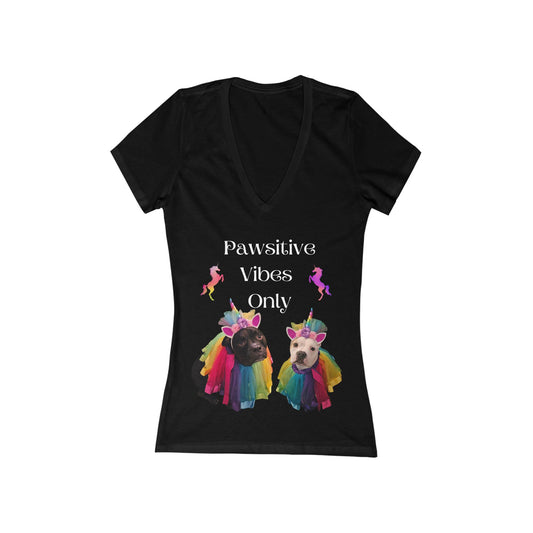 Pawsitive Vibes Only Deep V-Neck Tee — Women's Rainbow Unicorn Dog Graphic